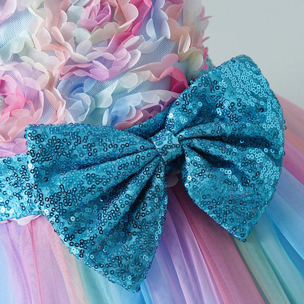 Girls Blue Floral Applique Fit & Flare Party Wear Dress With Sequin Bow Party Dresses