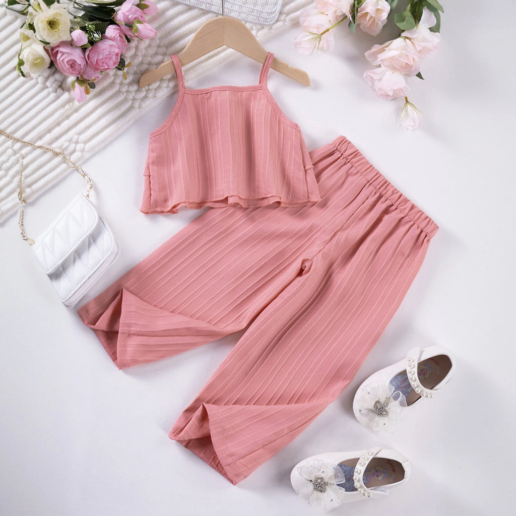 Girls Pink Self Stripes Sleeveless Tiered Top With Pants Co-ord Sets Sets