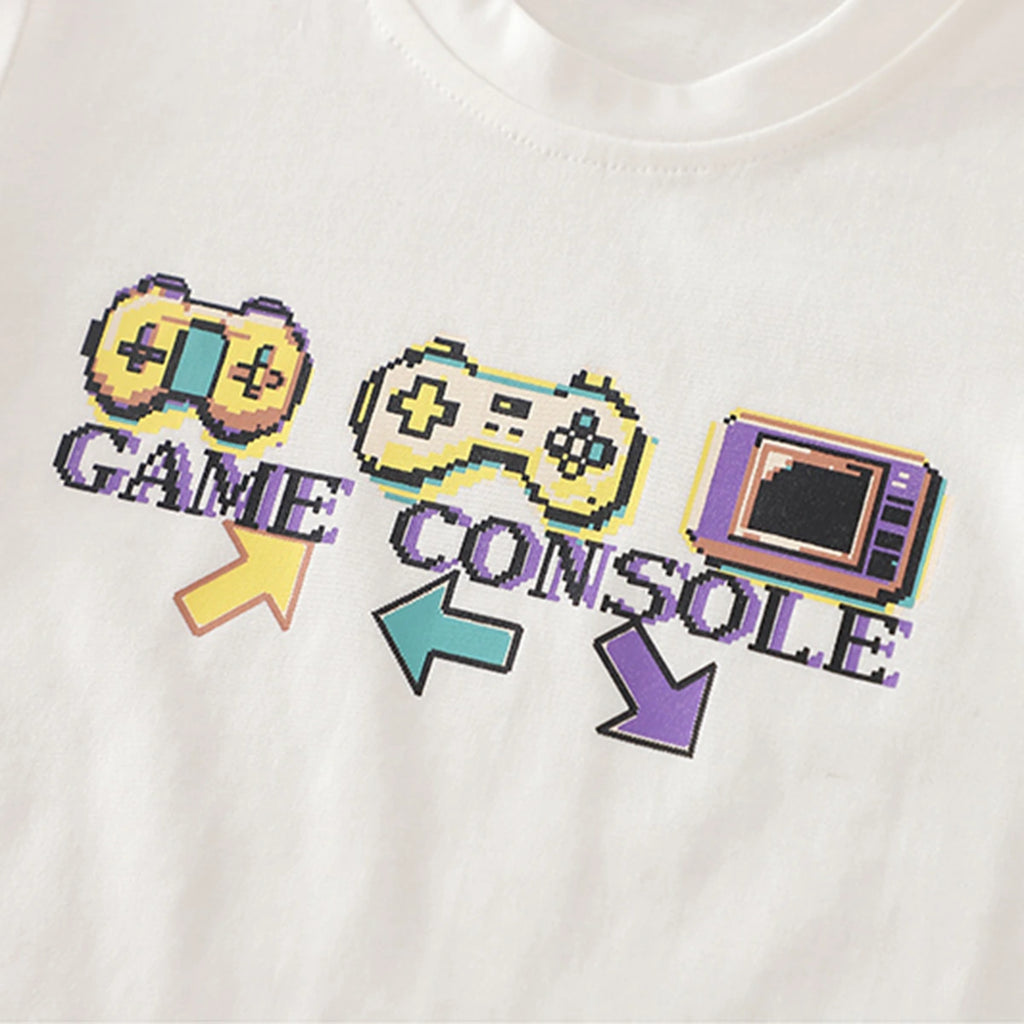 Boys White Gaming Console Print T-Shirt With Denim Shorts Set Sets