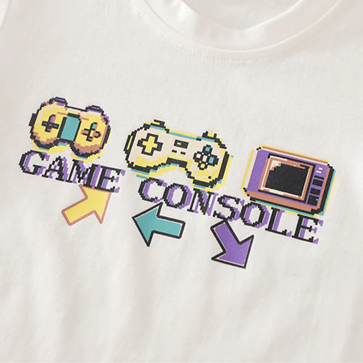 Boys White Gaming Console Print T-Shirt With Denim Shorts Set Sets