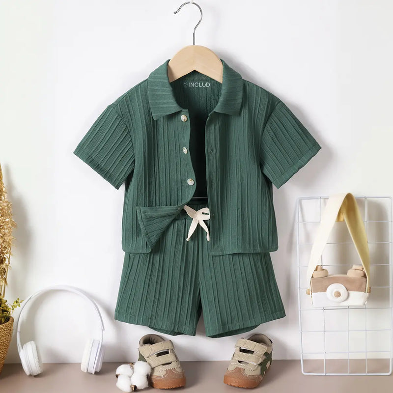 Boys Green Stripe Short Sleeves Shirt With Shorts Co-ord Sets Sets Green 1-2 Y
