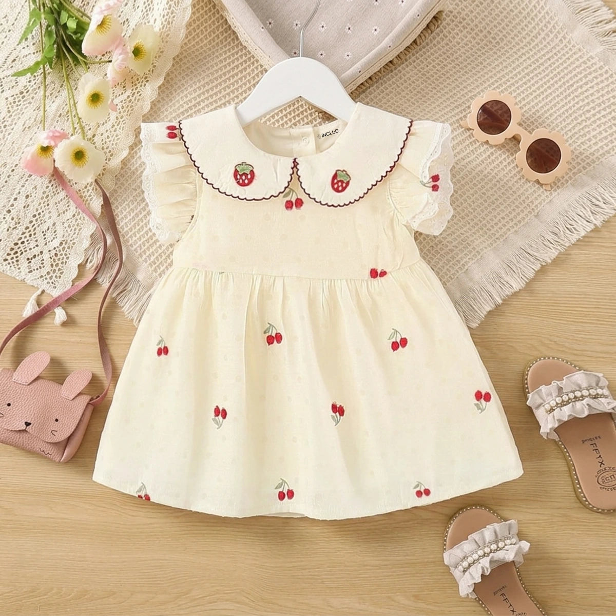 Girls Apricot Cherry Print Fit & Flare Casual Dress Casual Dresses Apricot 1-2 Y