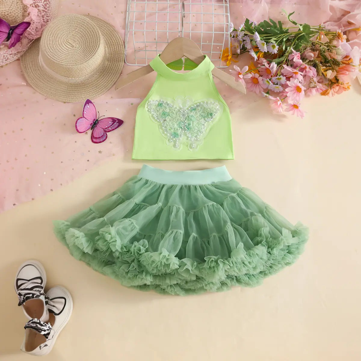 Girls Lime Green Butterfly Applique Halter Top With Tiered Tulle Tutu Skirt Sets Sets Lime Green 2-3 Y