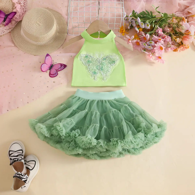 Girls Lime Green Butterfly Applique Halter Top With Tiered Tulle Tutu Skirt Sets Sets Lime Green 2-3 Y
