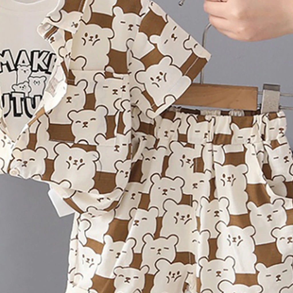 Boys Brown Bear Printed Short Sleeve Shirt With Printed T-Shirt And Shorts Sets 3 pc. Sets