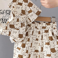 Boys Brown Bear Printed Short Sleeve Shirt With Printed T-Shirt And Shorts Sets 3 pc. Sets
