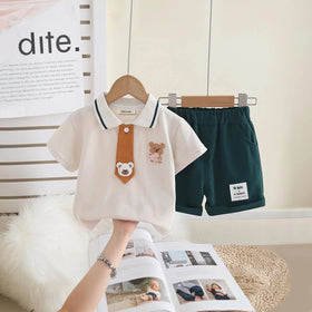 Boys Bear Patch Embroidered Polo T-Shirt With Necktie & Dark Green Shorts Set Sets Dark Green 1-2 Y