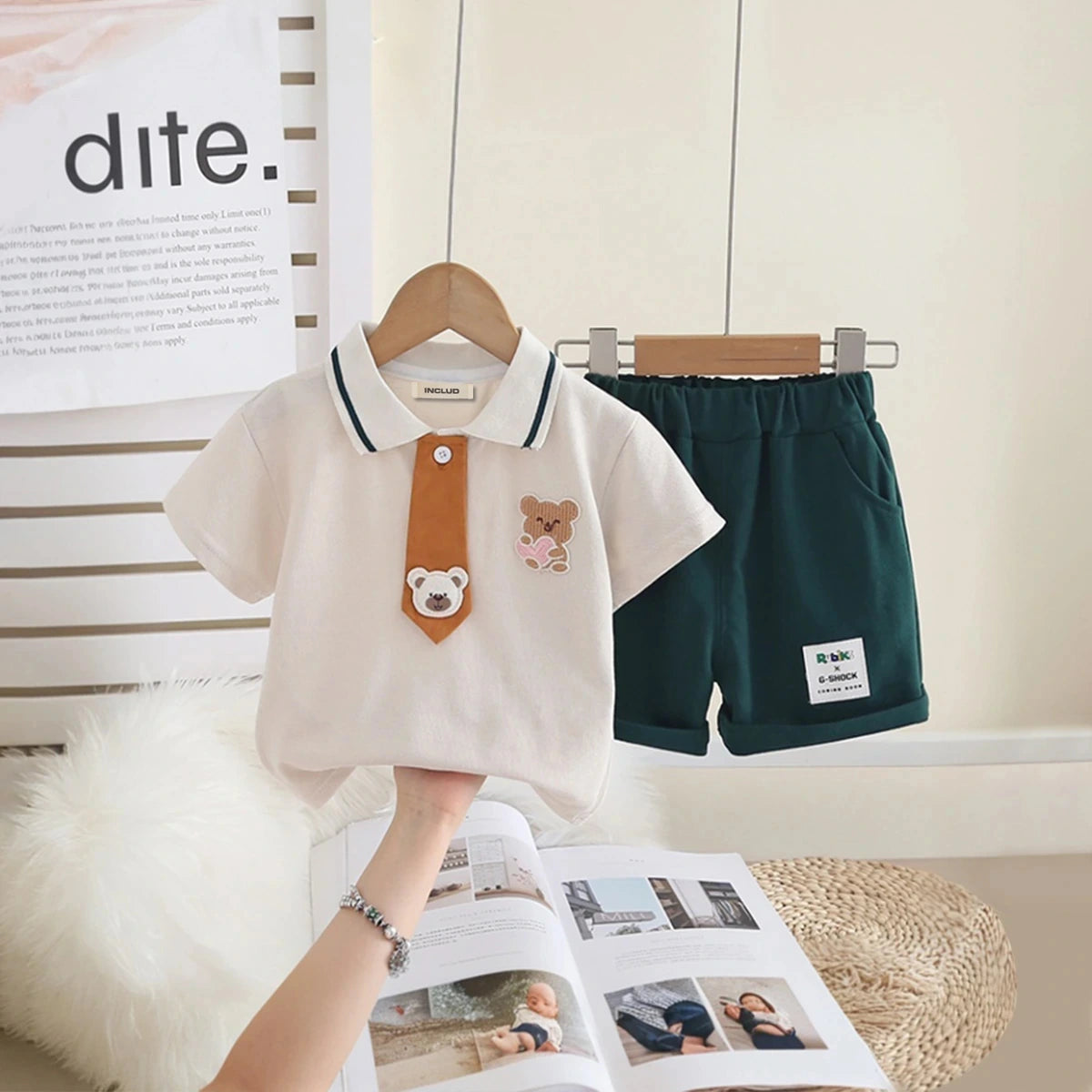 Boys Bear Patch Embroidered Polo T-Shirt With Necktie & Dark Green Shorts Set Sets Dark Green 1-2 Y