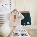 Boys Bear Patch Embroidered Polo T-Shirt With Necktie & Dark Green Shorts Set