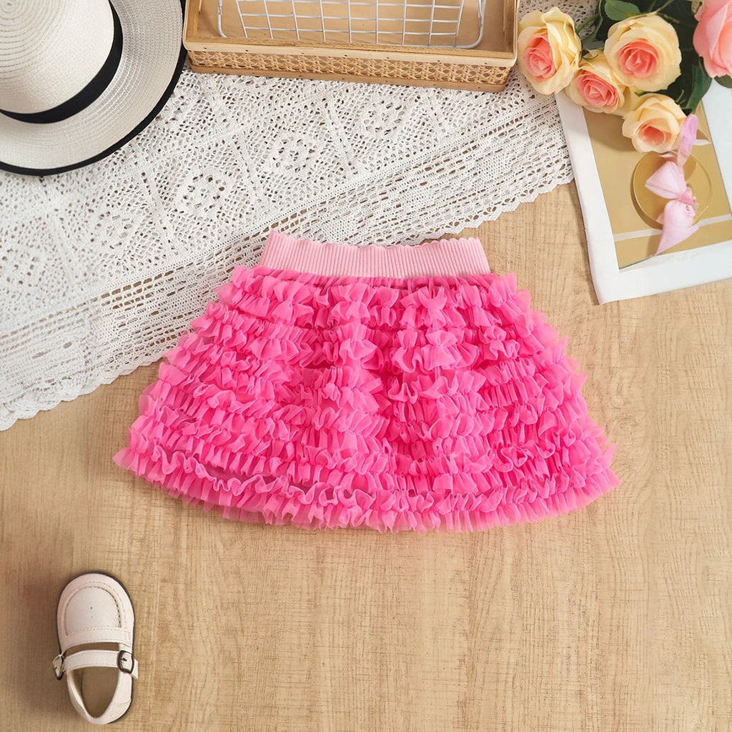 Girls Long Sleeves Top With Pink Tulle Ruffled Skirts Set Sets