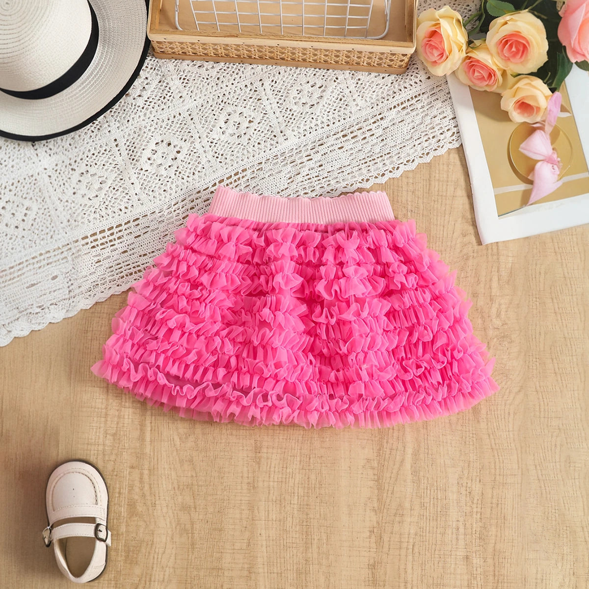 Girls Long Sleeves Top With Pink Tulle Ruffled Skirts Set Sets
