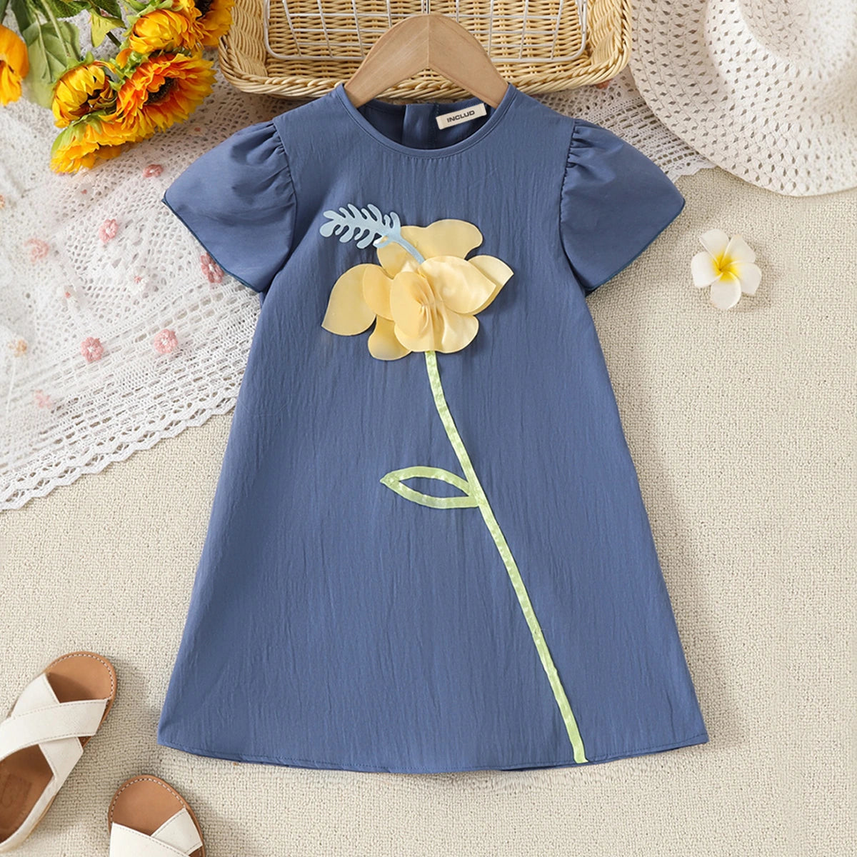 Girls Blue 3D Flower Applique A-line Dress Casual Dresses Blue 3-4 Y