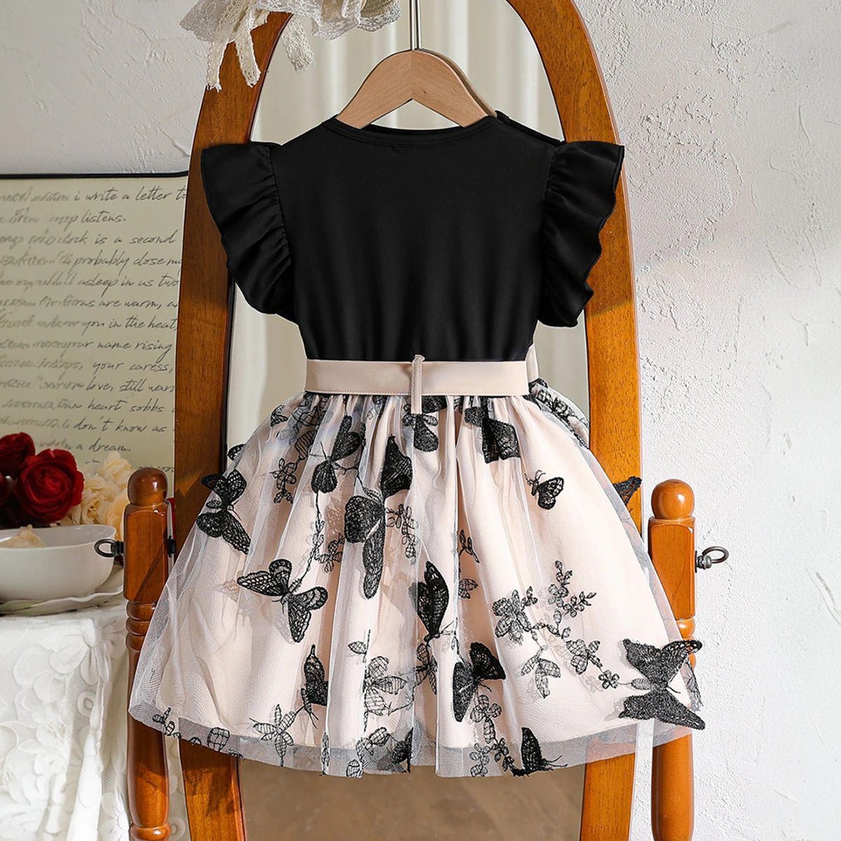 Girls Black Butterfly Printed Flutter Sleeve Fit & Flare Dress Casual Dresses