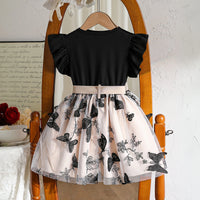 Girls Black Butterfly Printed Flutter Sleeve Fit & Flare Dress Casual Dresses