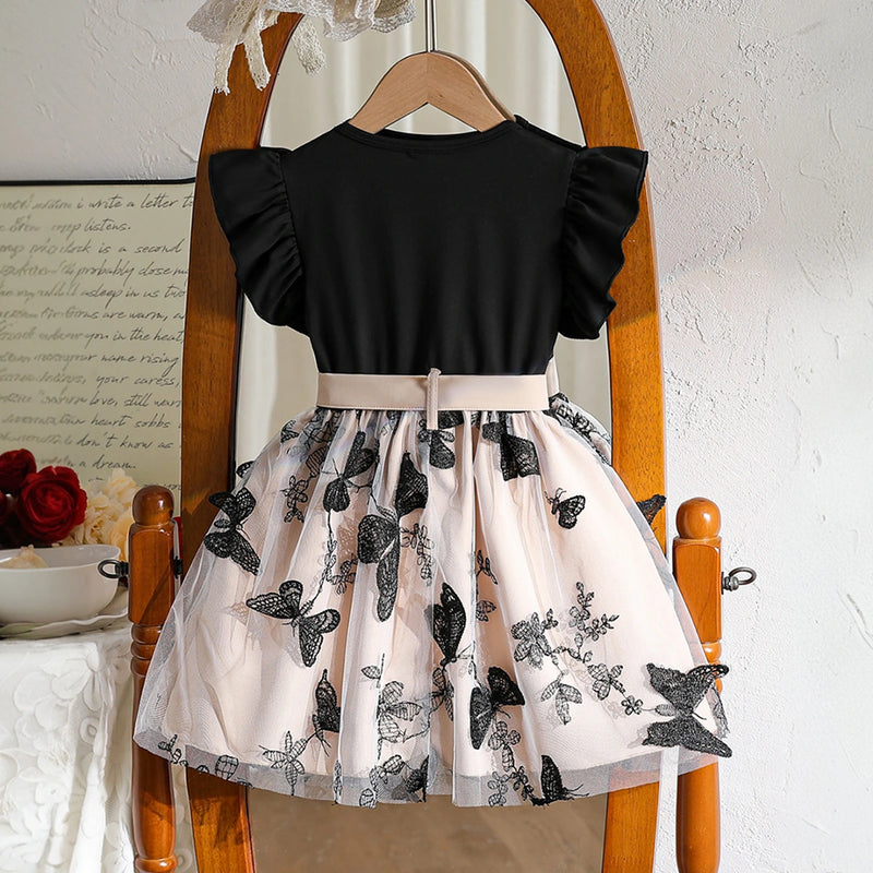 Girls Black Butterfly Printed Flutter Sleeve Fit & Flare Dress Casual Dresses