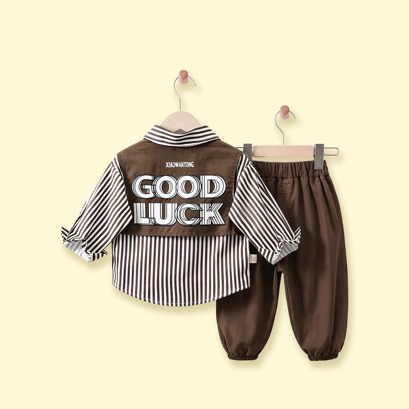Boys Brown Striped Long Sleeve Shirt With Pants Sets 2 pc. Sets
