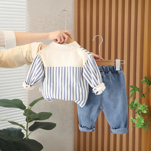 Boys Blue Striped Long Sleeve Shirt With T-shirt & Denims Pants Set Sets