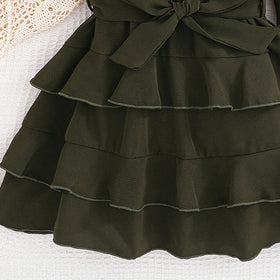 Girls Olive Green One Shoulder Ruffle Layered Dress Casual Dresses