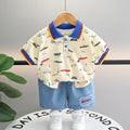 Boys Beige Car Printed Short Sleeve Polo T-Shirt With Denim Shorts Sets 2 pc. Sets Beige 1-2 Y