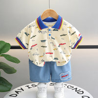 Boys Beige Car Printed Short Sleeve Polo T-Shirt With Denim Shorts Sets 2 pc. Sets Beige 1-2 Y