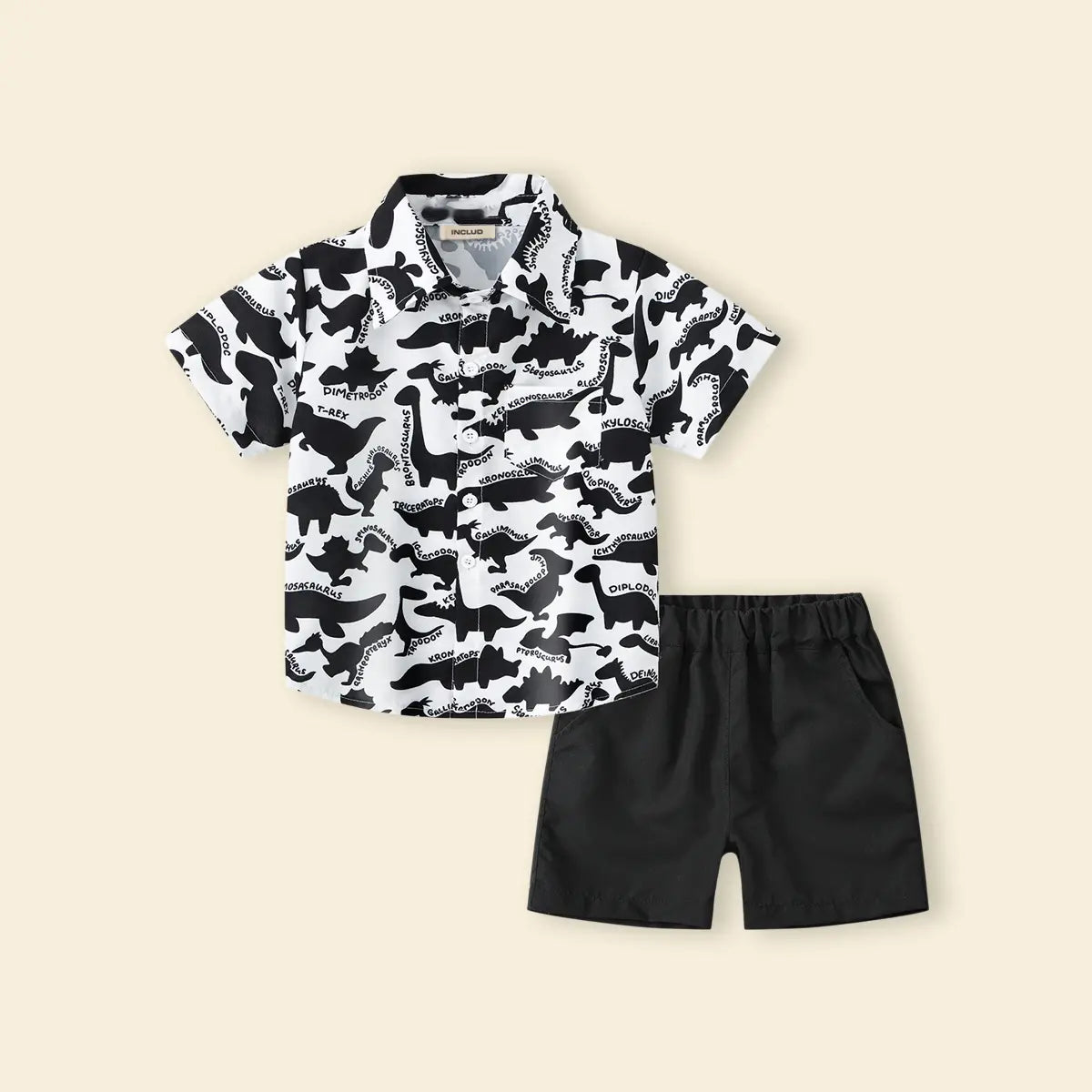 Boys Black Dinosaur Print Short Sleeves Button-Down Shirt With Shorts Set Sets