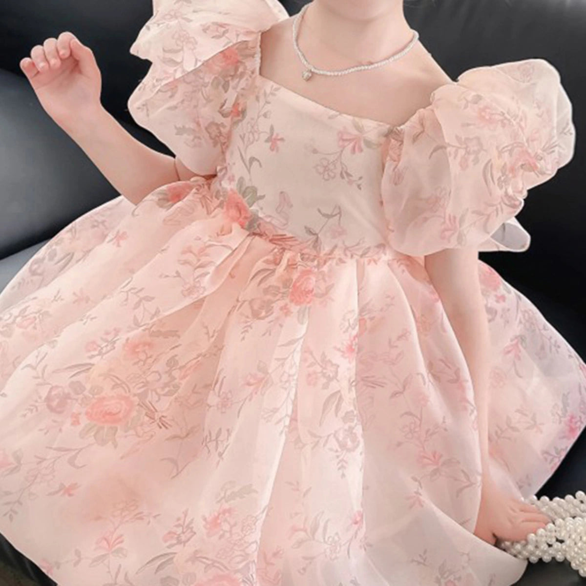 Girls Pink Floral Print Puff Sleeves Fit & Flare Party Wear Dress Party Dresses