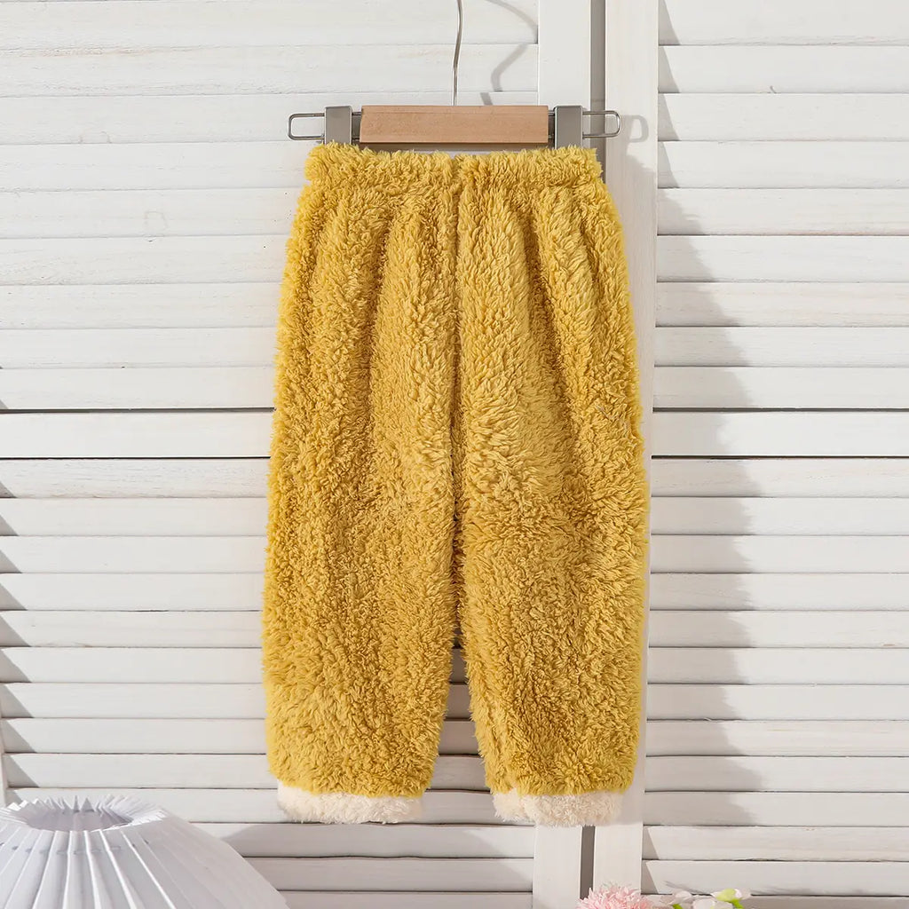 Girls Yellow Polar Fleece Bear Embroidered Sweatshirt With Pants Sets Sets