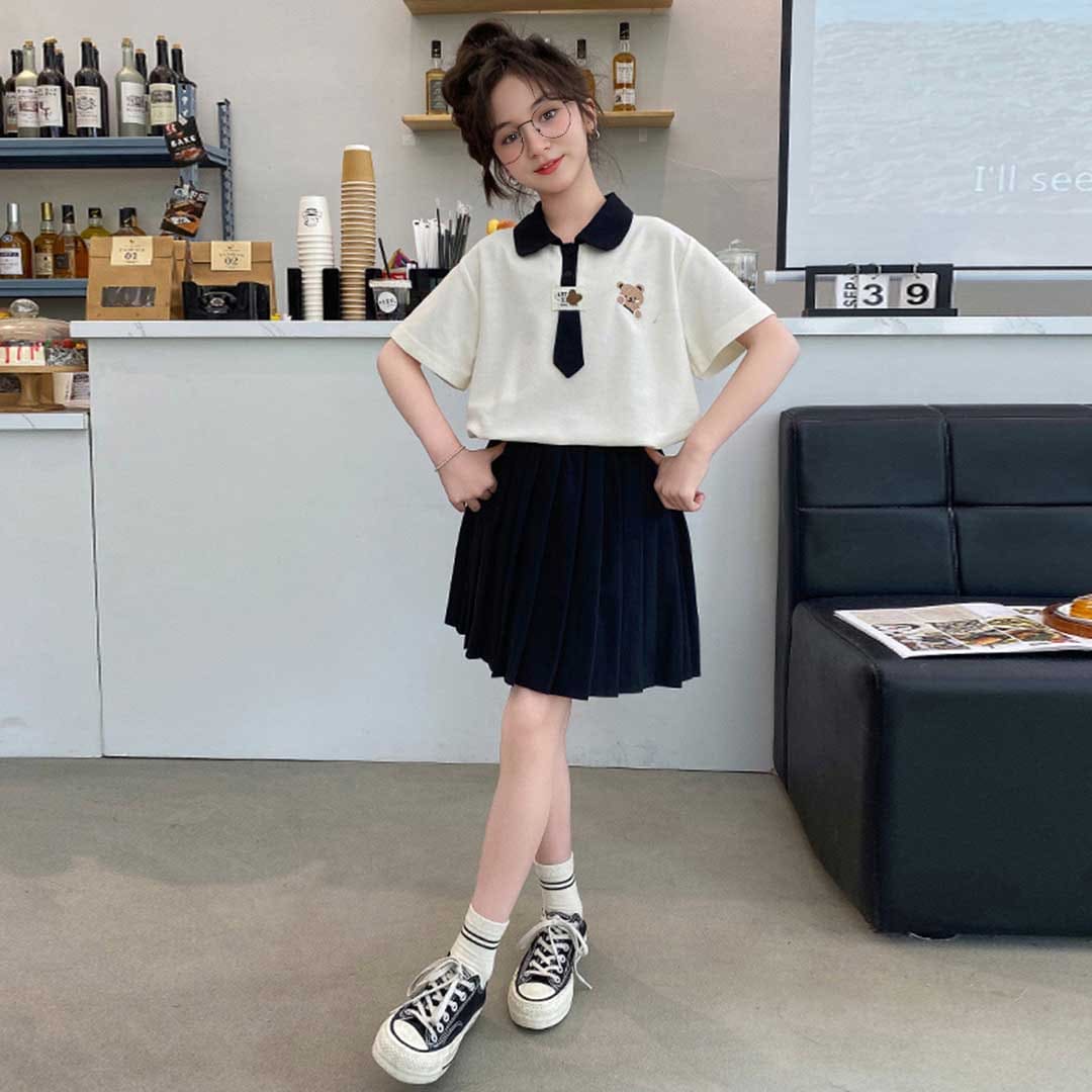 Girls Short Sleeve Polo T-Shirt With Pleated Skirt Set Sets   
