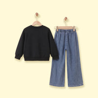 Girls Black Butterfly Long Sleeve Sweatshirt With Denim Pants Sets 2 pc. Sets