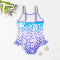 Girls Blue Mermaid Print Swimwear Bodysuit Beachwear