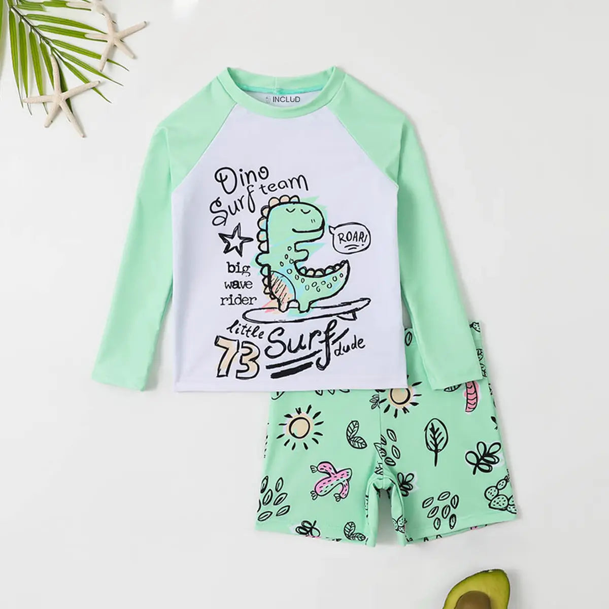 Boys Mint Green Alphanumeric Print T-Shirt With Shorts Swimwear Sets Beachwear Green 3-4 Y