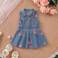 Girls Blue Floral Print Sleeveless Denim Dress Casual Dresses Blue 1-2 Y