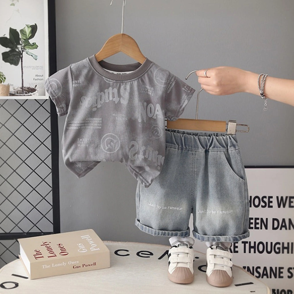 Boys Grey Typographic Printed Short Sleeve T-shirt With Denim Shorts Sets 2 pc. Sets Grey 1-2 Y