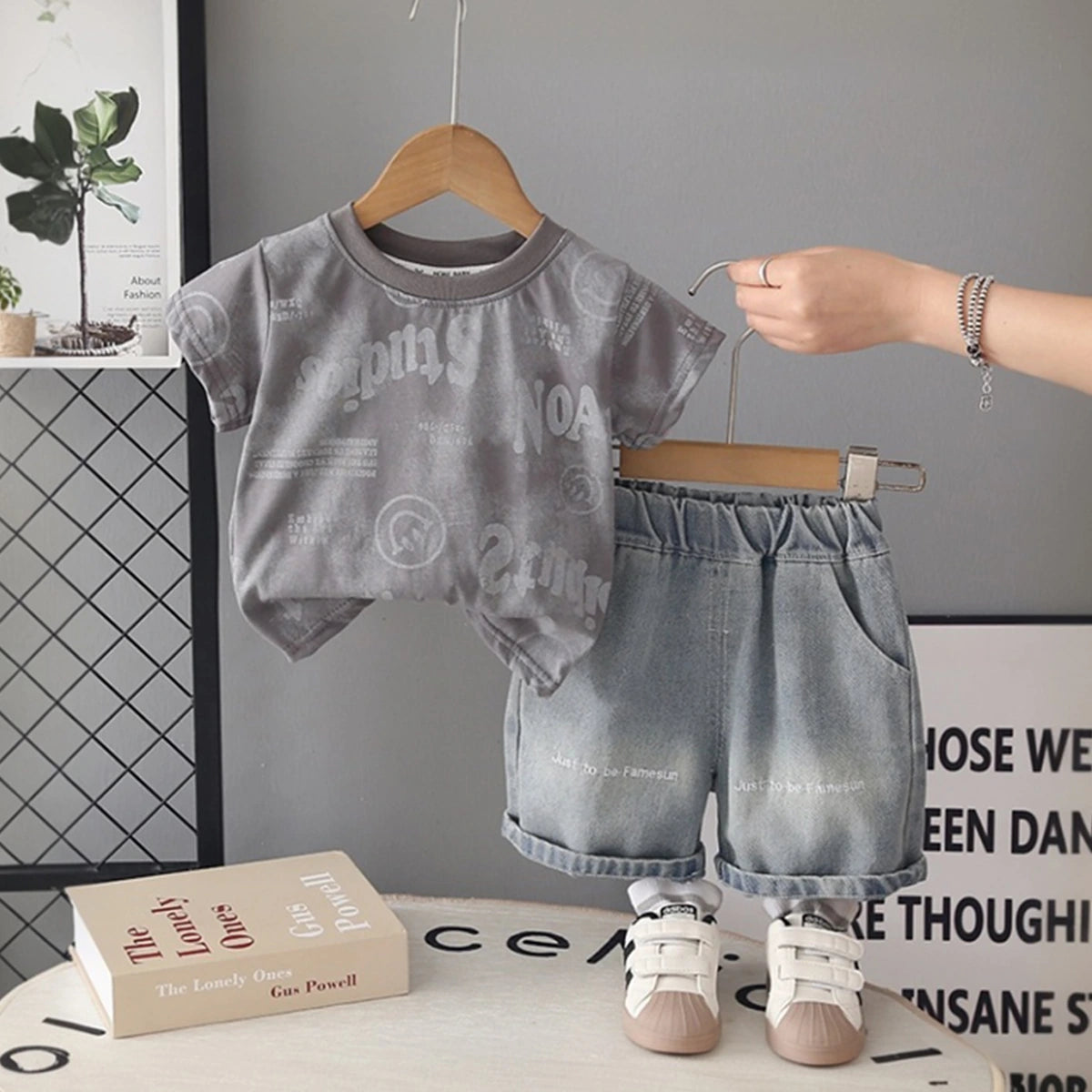 Boys Grey Typographic Printed Short Sleeve T-shirt With Denim Shorts Sets 2 pc. Sets Grey 1-2 Y