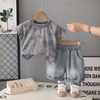 Boys Grey Typographic Printed Short Sleeve T-shirt With Denim Shorts Sets 2 pc. Sets Grey 1-2 Y