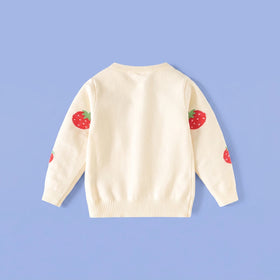 Girls Cream Long Sleeve Strawberry Jacquard Cardigan Sweaters & Cardigans