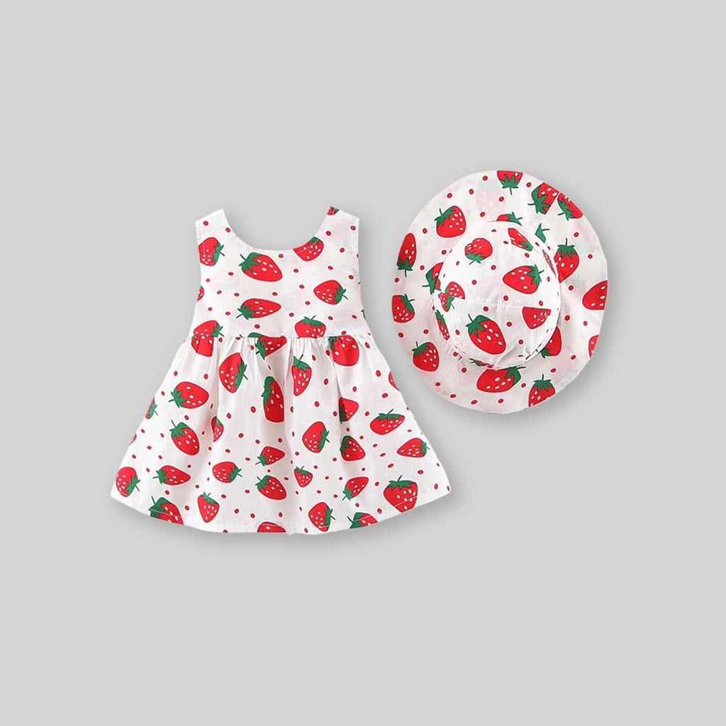 Girls Strawberry Print Casual Dress with Hat Casual Dresses   