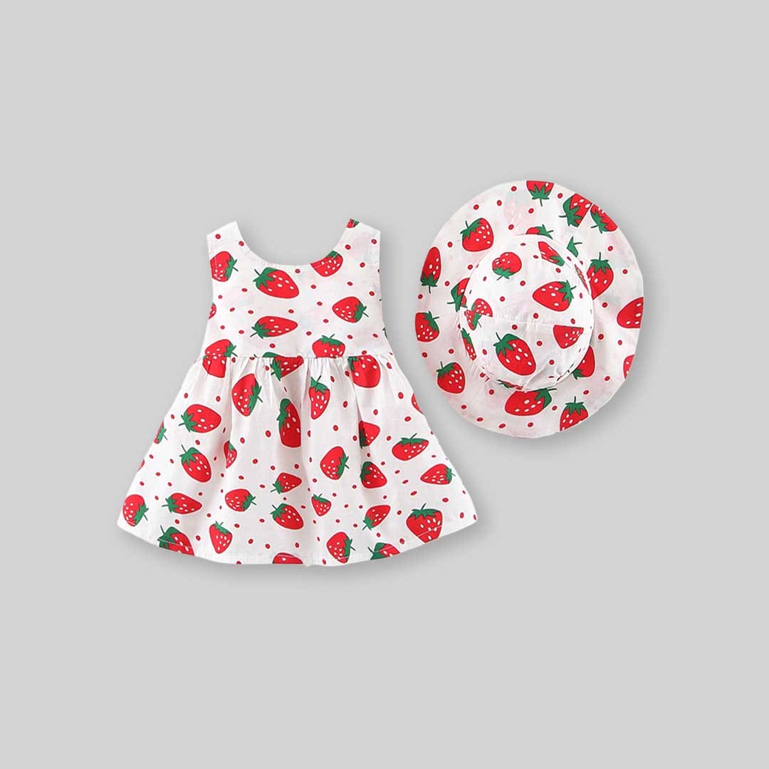 Girls Strawberry Print Casual Dress with Hat Casual Dresses   