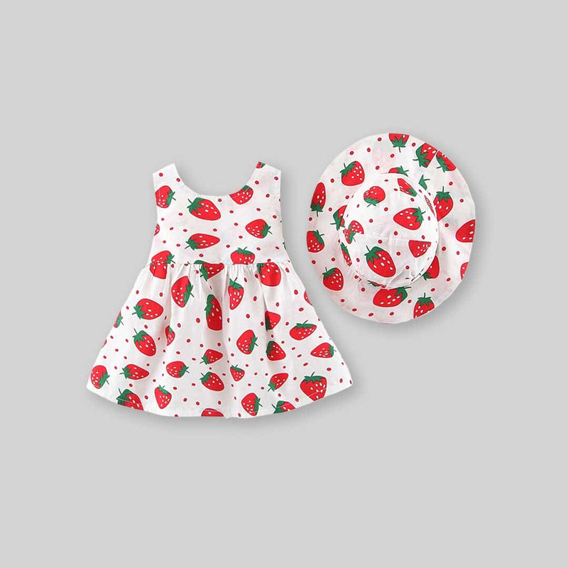 Girls Strawberry Print Casual Dress with Hat Casual Dresses   