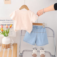 Girls Light Pink Short Sleeves Round Neck Top With Denim Shorts Set 2 pc. Sets