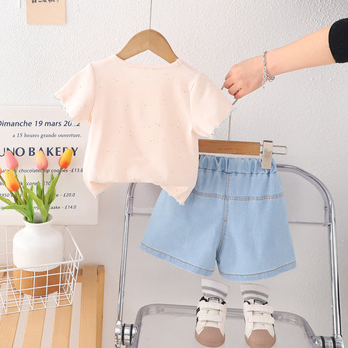 Girls Light Pink Short Sleeves Round Neck Top With Denim Shorts Set 2 pc. Sets
