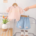 Girls Pink Bow Appliqued Puff Sleeves Top With Denim Shorts Set 2 pc. Sets Pink 1-2 Y