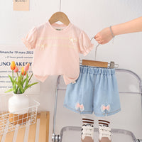 Girls Pink Bow Appliqued Puff Sleeves Top With Denim Shorts Set 2 pc. Sets Pink 1-2 Y