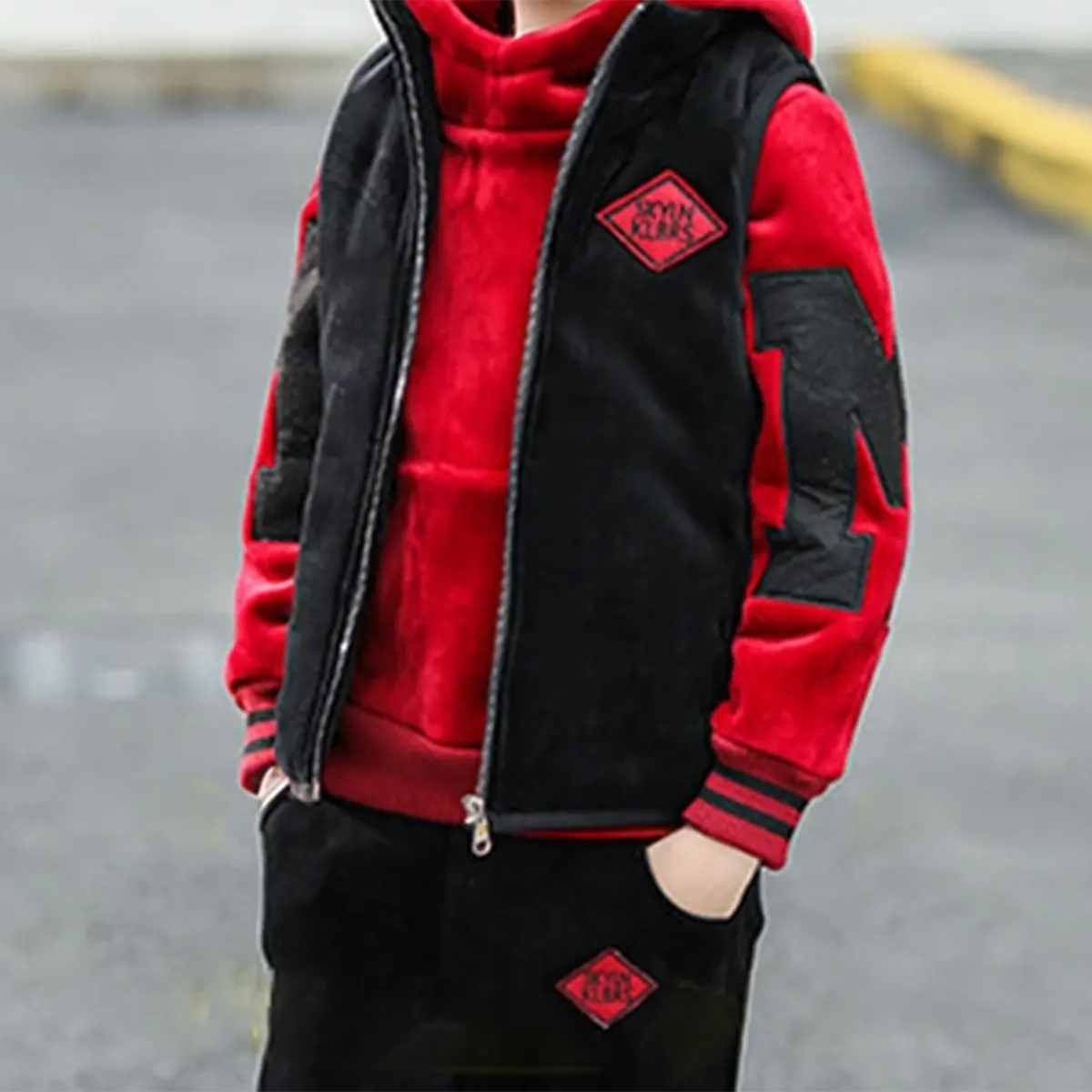 Boys Red Patch Embroidered Hoodie With Sleeveless Jacket & Jogger Sets Sets