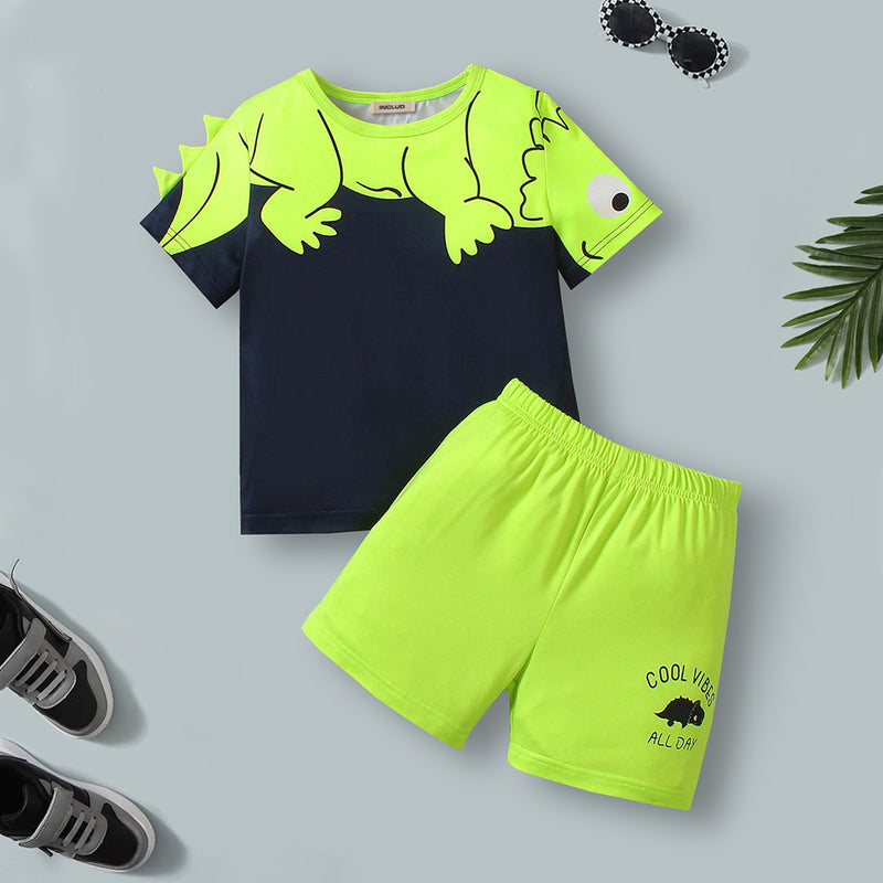 Boys Green Dinosaur Printed T-Shirt With Short Set 2 pc. Sets Green 3-4 Y