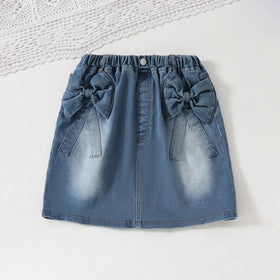 Girls Sky Blue Textured One Shoulder Top With Denim Skirt Sets Sets
