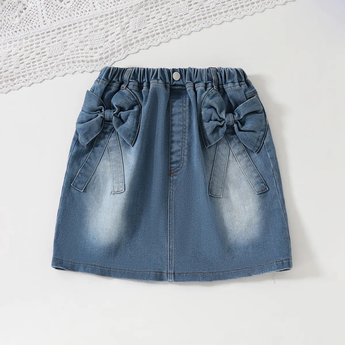 Girls Sky Blue Textured One Shoulder Top With Denim Skirt Sets Sets