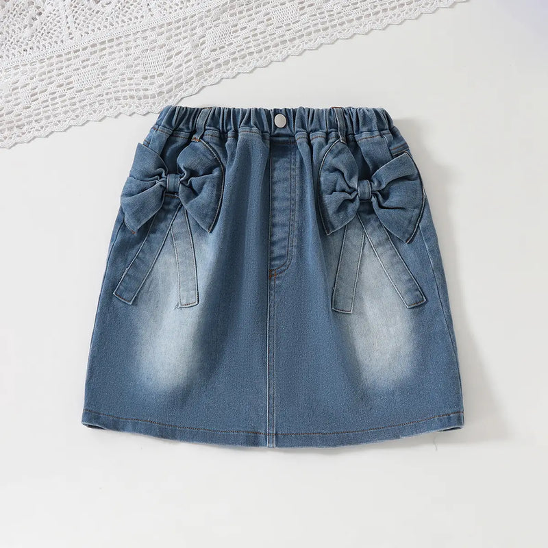 Girls Sky Blue Textured One Shoulder Top With Denim Skirt Sets Sets