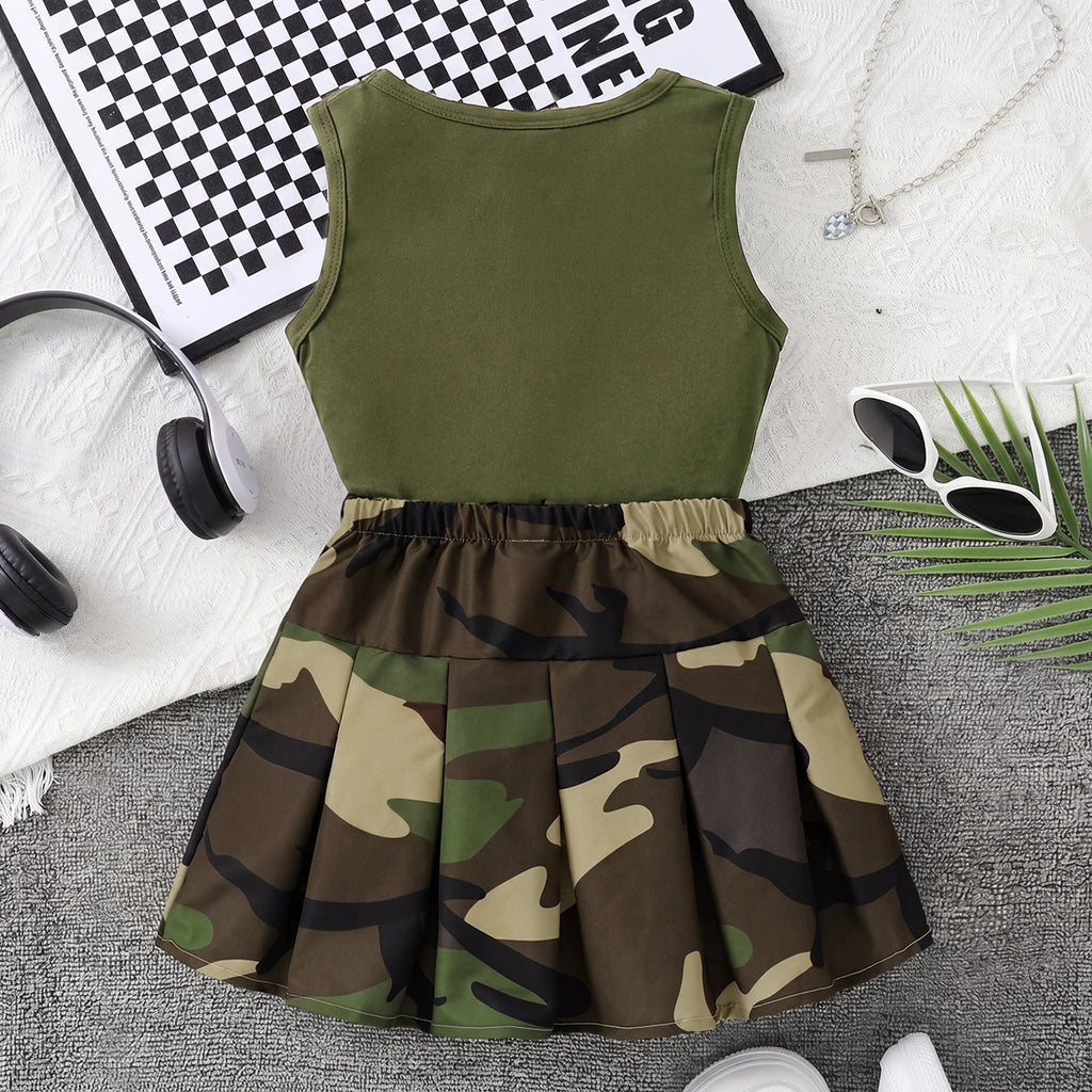 Girls Army Green Sleeveless Top With Camouflage Print Skirt Sets 2 pc. Sets
