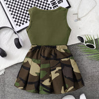 Girls Army Green Sleeveless Top With Camouflage Print Skirt Sets 2 pc. Sets
